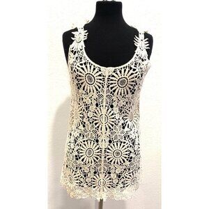 Great Northwest Indigo Ivory Floral Crochet Tank Top Beach Cowgirl S